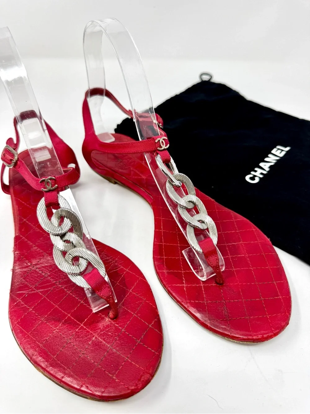 Chanel Vintage Red Quilted Leather Chain T strap Sandals with CC Logo Size 39.5
